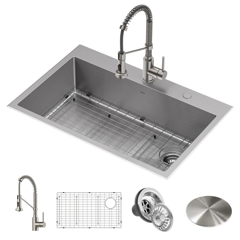KRAUS Loften All-in-One Dual Mount Stainless Steel 33in. Single Bowl Kitchen Sink with Pull Down Fau | The Home Depot