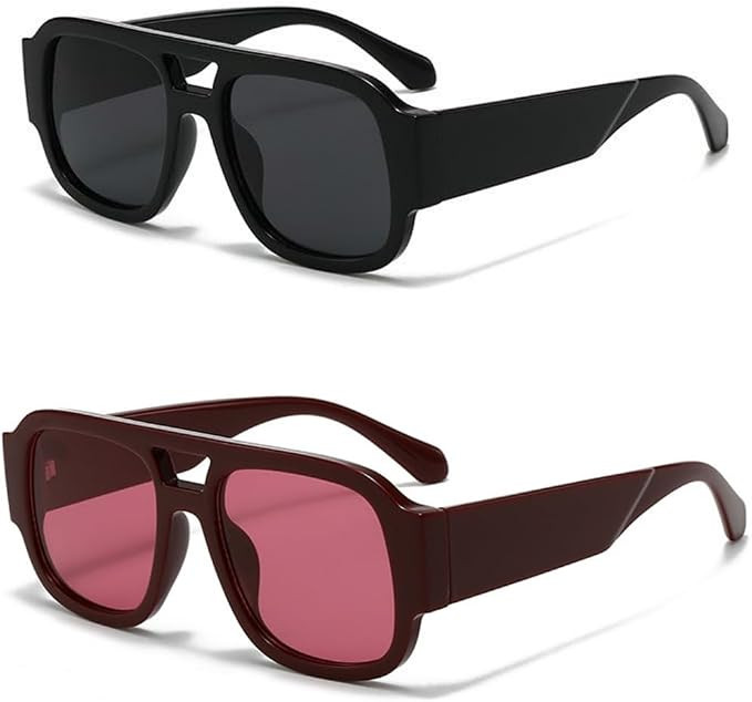 Retro Oversized Aviator Sunglasses for Women Men 70s Chunky Double Bridge Thick Frame Square Tren... | Amazon (US)