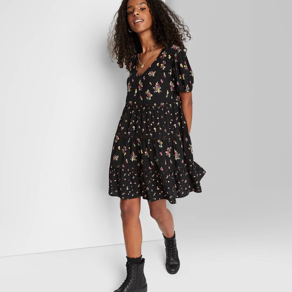 Women's Floral Print Short Sleeve Tiered Babydoll Dress - Wild Fable Black L | Target