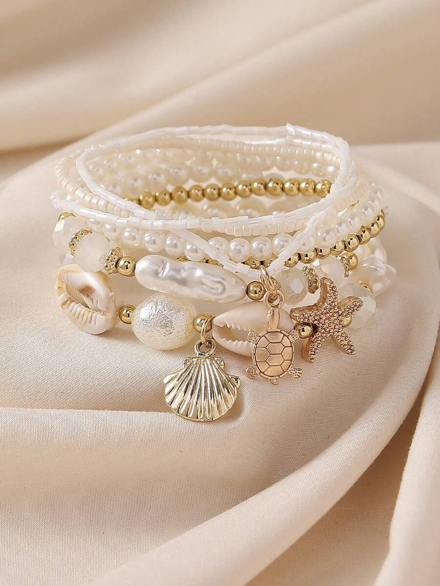 7pcs/Set Seashells, Pearls & Starfish Beads Layered Bracelet Set, Boho Stackable Design For Women... | SHEIN