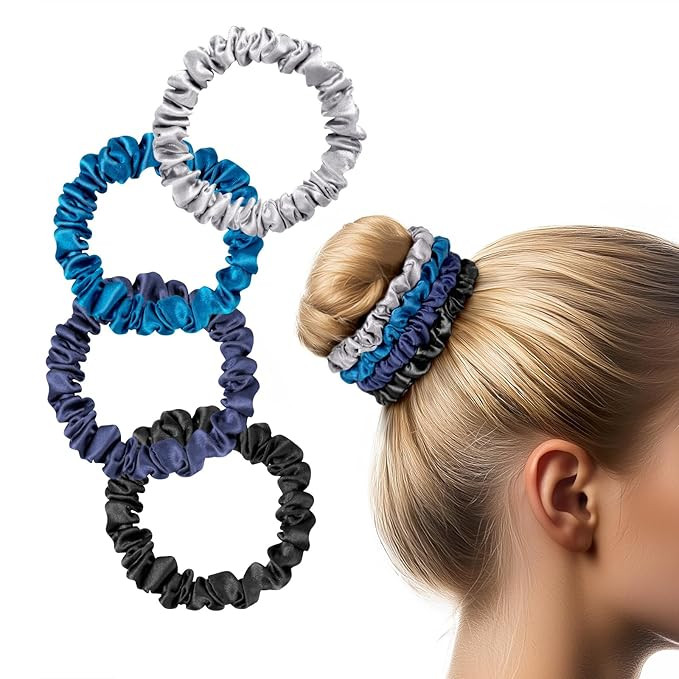 Zenssia Silk Scrunchies for Hair, 4PC Pure Mulberry Silk Hair Ties No Damage, Skinny Elastic Scru... | Amazon (US)