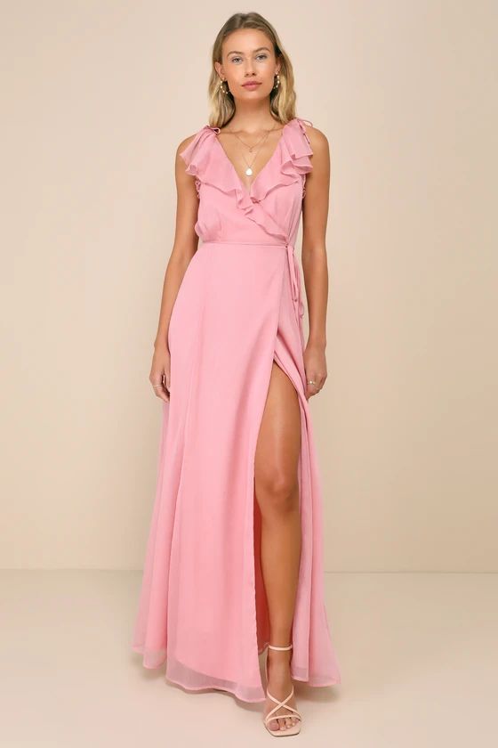 Adorable Elegance Pink Chiffon Ruffled Backless Wrap Maxi Dress | Lulus