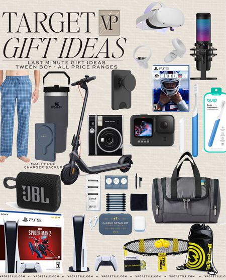 Target Last minute gift ideas for teen boys, gift guide tween/teen boys, gift ideas for tween son, tween nephews!  to have shipped & receive in time or pick up in store at your local target as late as Christmas Eve! Gifts like pajama/lounge pants, electric scooter, play station, toiletry travel bag, Bluetooth speaker, earbud cleaning kit go pro, electric toothbrush, madden, meta quest VR game, outdoor games, water bottles, Stanley, instant camera, mic 