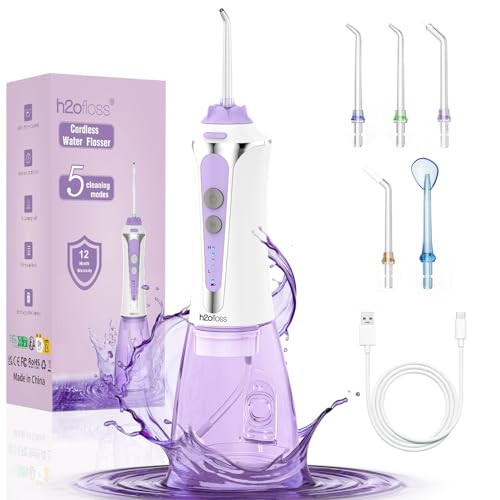 Water Dental Flosser Pick for Teeth, H2ofloss Portable Cordless Oral Irrigator, Rechargeable 5 Modes IPX7 Waterproof 300 ML Waterflosser Travel Flossing for Teeth, Gums, Braces Cleaning (Purple) | Amazon (US)