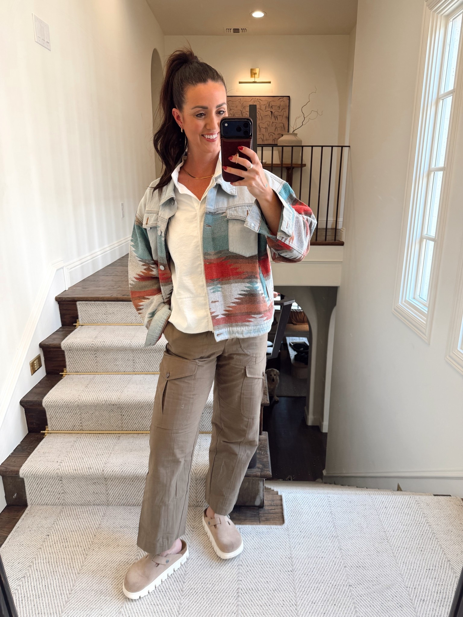 Feeling like I should be in Sedona hiking….  But fun layered look for spring! Size up in th cargo pants, but otherwise very comfy. I wear this white shirt on repeat and brought out this Aztec denim jacket for a fun pattern. 

#LTKootd #LTKOver40 #LTKSeasonal