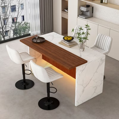 GDFStudio Wynn Modern 5 Piece Marble-Look Kitchen Island Set with 360° Swivel Upholstered Bar Stools and LED Lights, White | Target