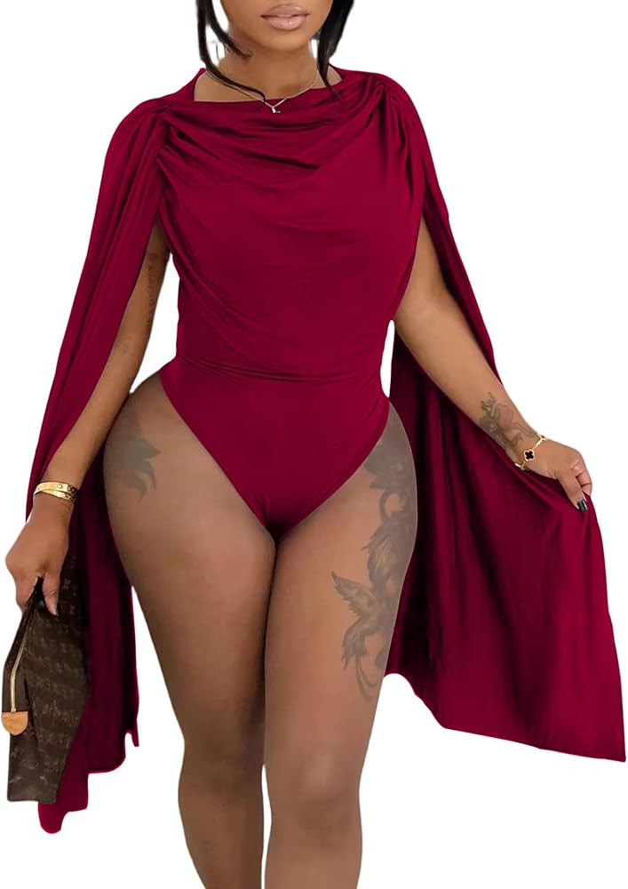 Womens Cowl Neck Body Suits Tops Drape Ruched Cape Sleeve Bodycon Bodysuit Y2K Going Out Top | Amazon (US)