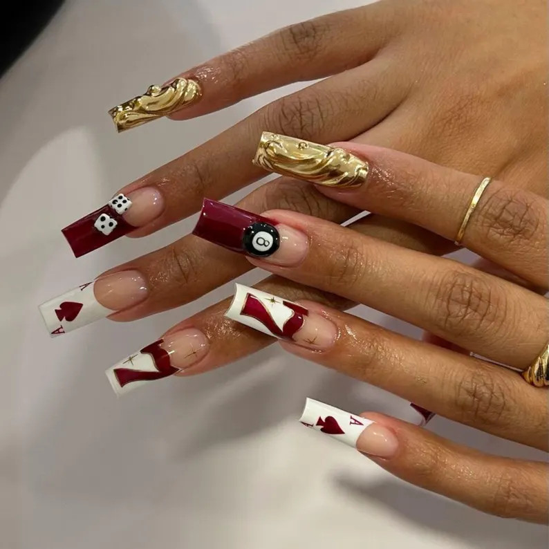 Hand-painted Poker Press on Nails, Long Square Nail Set, Artistic Nail Art, Long-lasting Vibrant ... | Etsy (US)