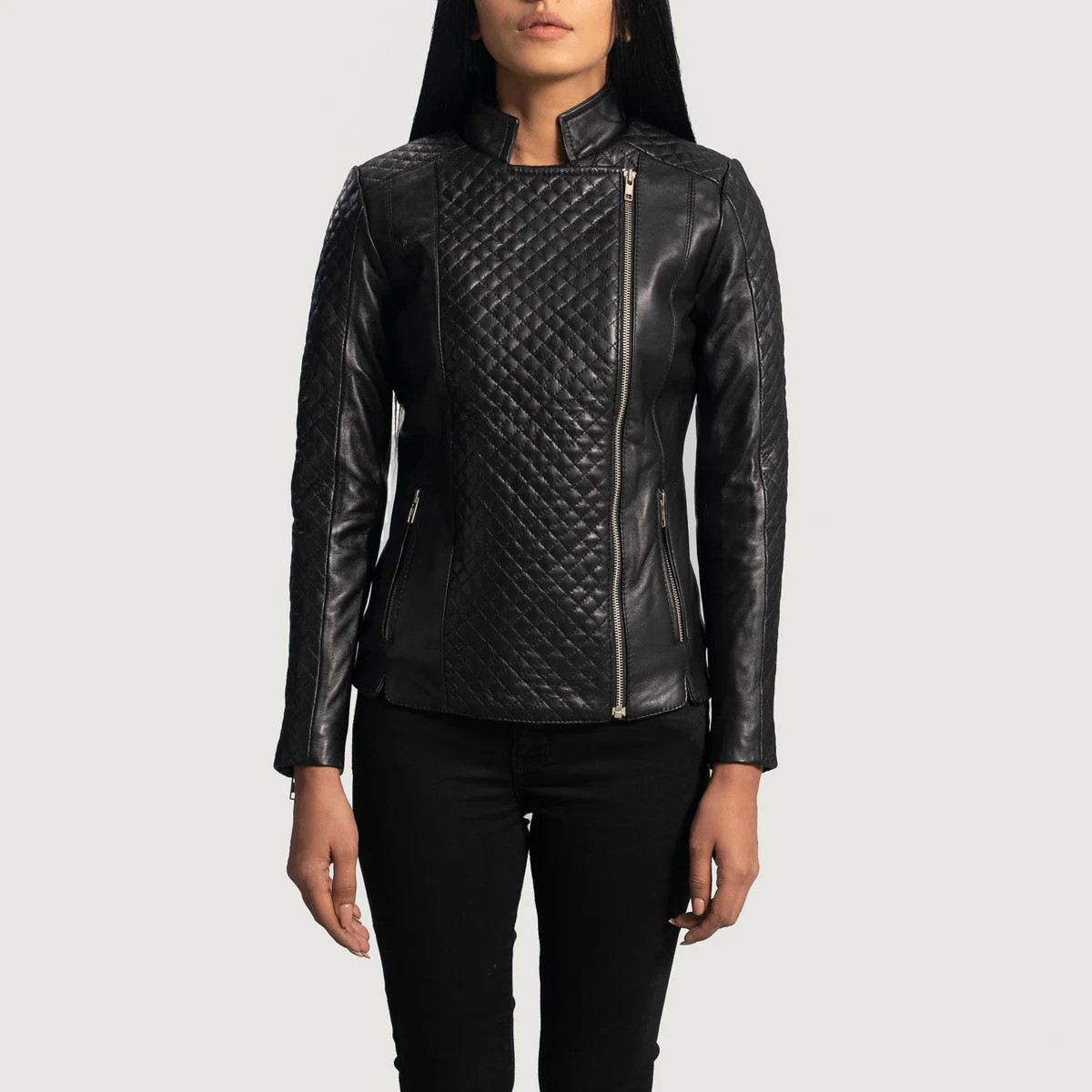 Women's Orient Grain Quilted Black Leather Biker Jacket | The Jacket Maker
