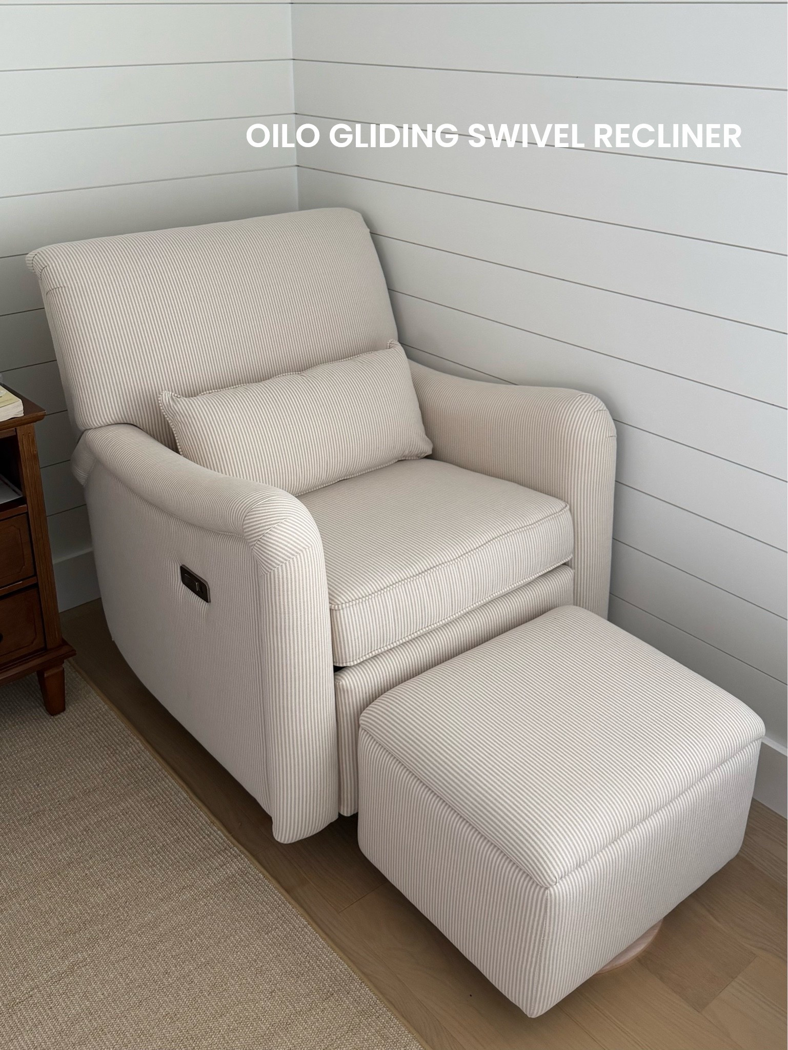 [9/21/26] linking some items from our nursery & bedroom for baby William 🤍 this is the Teddy Gliding Swivel Nursery Recliner from @oilostudio in color pecan stripe! Available in a wide variety of colors & fabrics and comes in a motorized and non-motorized option!