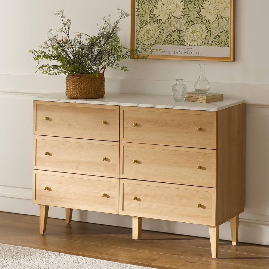 Wide 6 Drawer Double Dresser Chest of Dressers with Golden Handles Farmhouse Wood Storage Dresser... | Amazon (US)