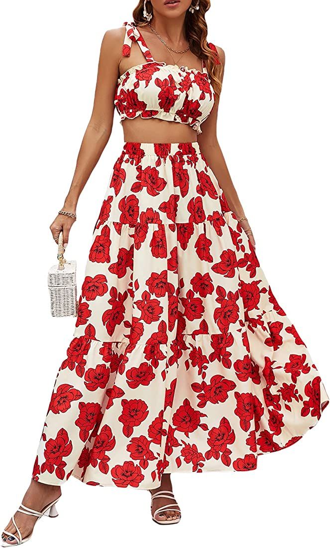 MakeMeChic Women's 2 Piece Outfits Boho Floral Tie Shoulder Crop Top and Ruffle Maxi Skirt Set | Amazon (US)