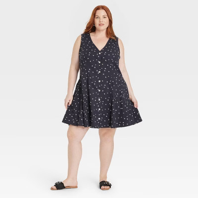 Women's Button-Front Godet Mini A-Line Dress - Universal Thread™ Navy Blue Floral 1X | Target