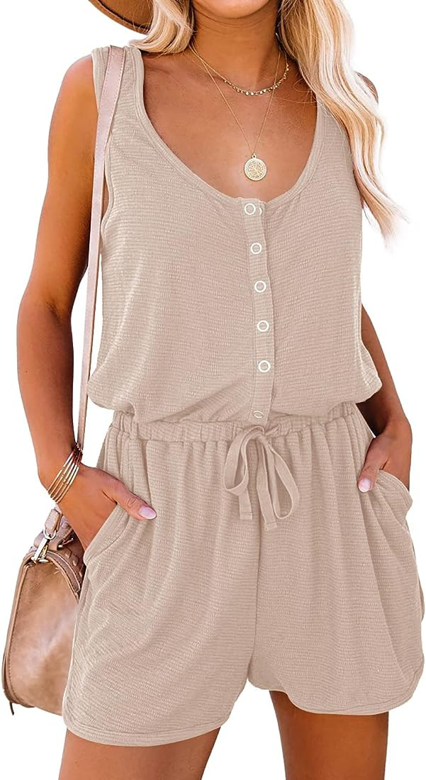 Mafulus Women's Summer Scoop Neck Sleeveless Button Down Tank Top Rompers Elastic Waist Shorts Ou... | Amazon (US)