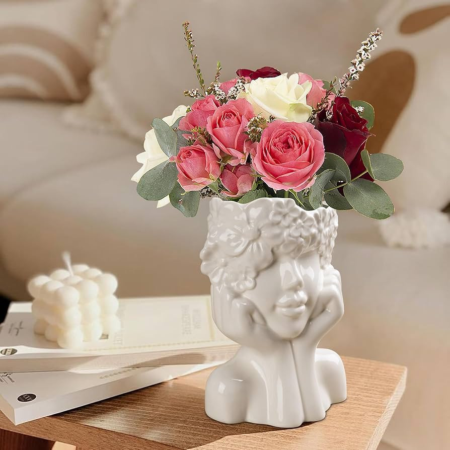 ComSaf White Ceramic Flower Vase for Decor,Modern Style Female Form Face Vase,Unique Flower Vase ... | Amazon (US)