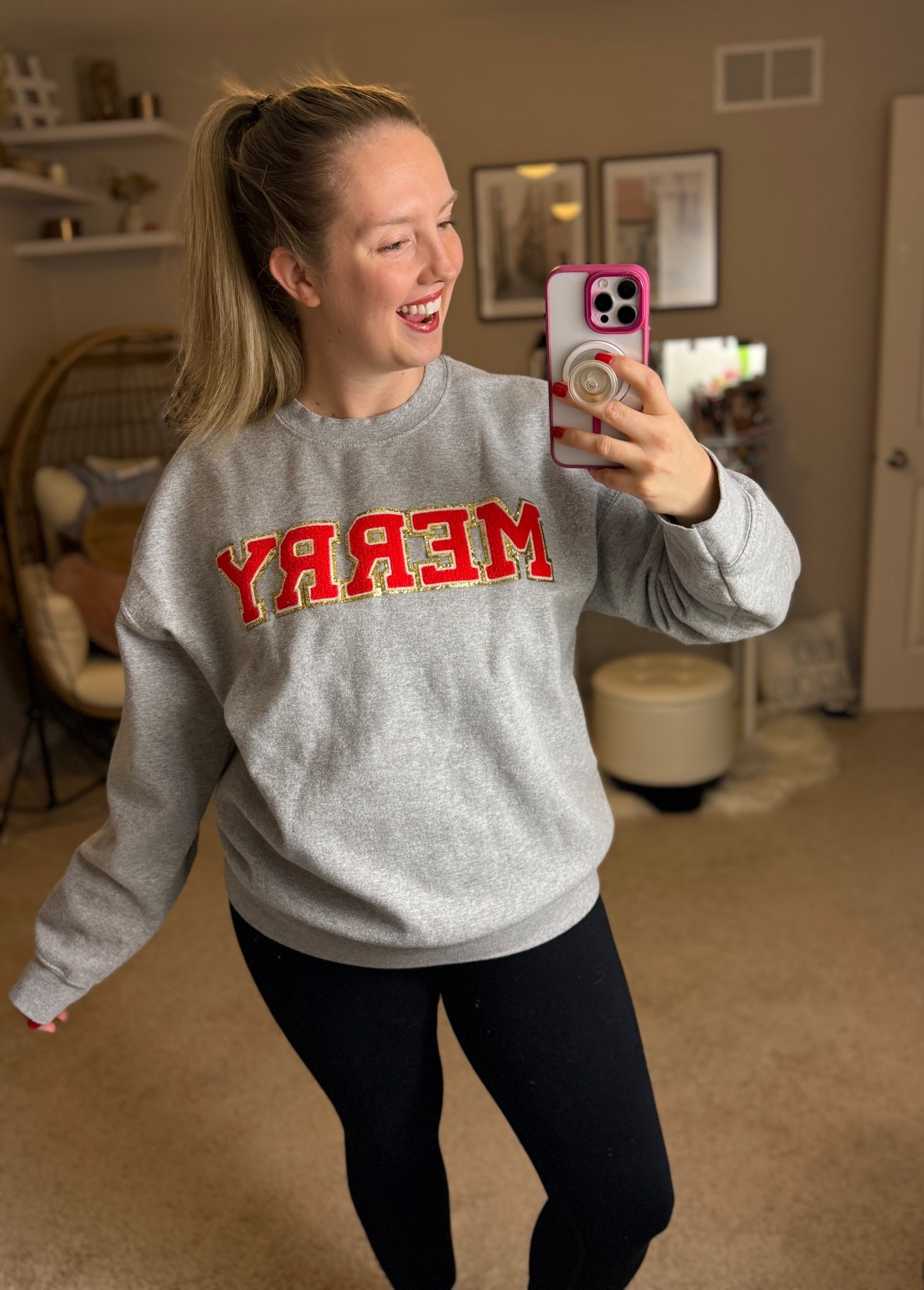 MERRY patch sweatshirt in varsity block letters. The PERFECT comfortable Christmas attire while still keeping sparkly and festive!

#LTKSeasonal #LTKootd #LTKHoliday