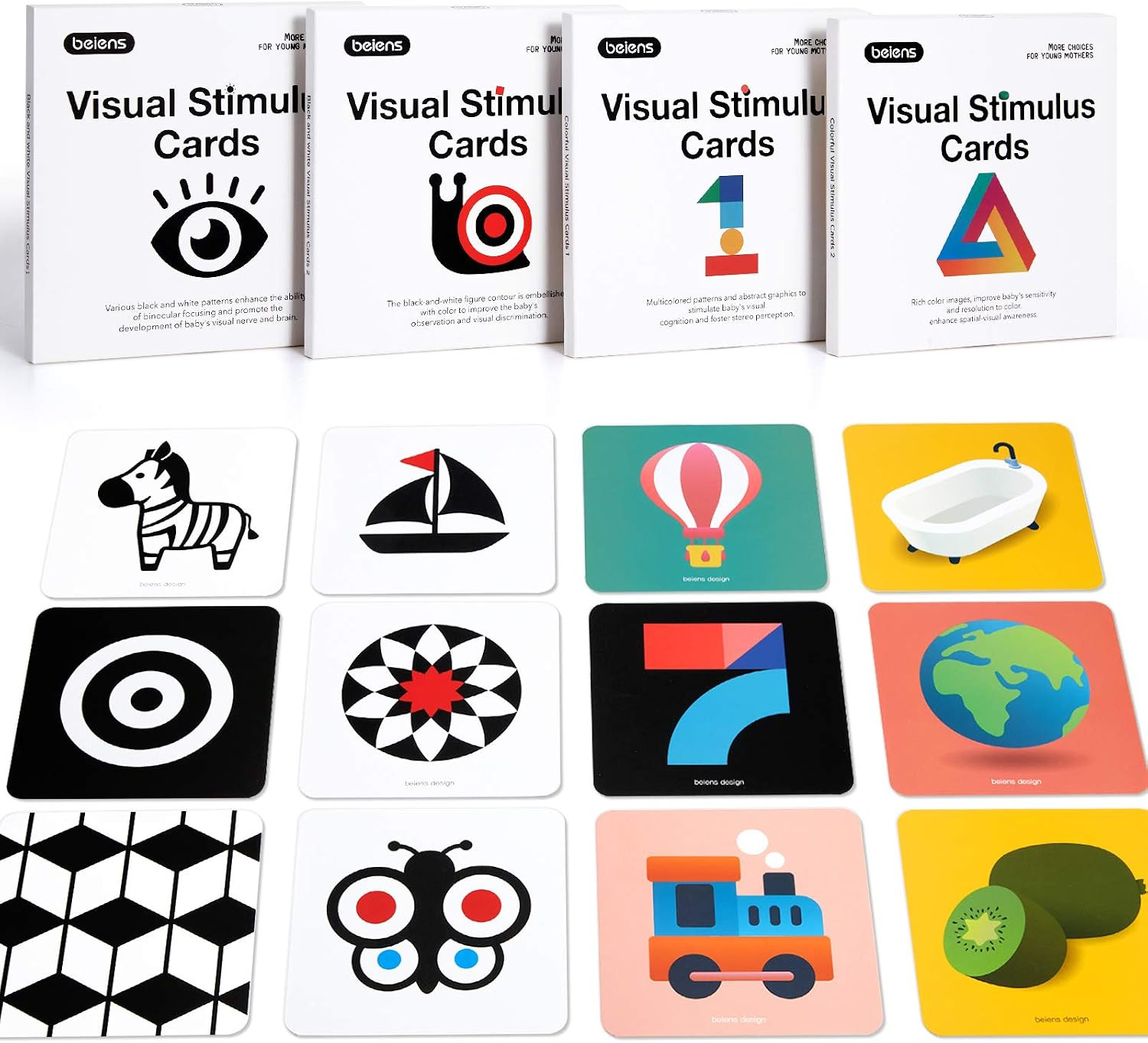 beiens High Contrast Baby Flashcard, 80 Pcs 160 Page Black White Colorful Visual Stimulation Learning Activity Card for Babies Ages 0-3-6-12-36 Months, 5.5'' x 5.5'' Newborn Infants Toys Gift | Amazon (US)