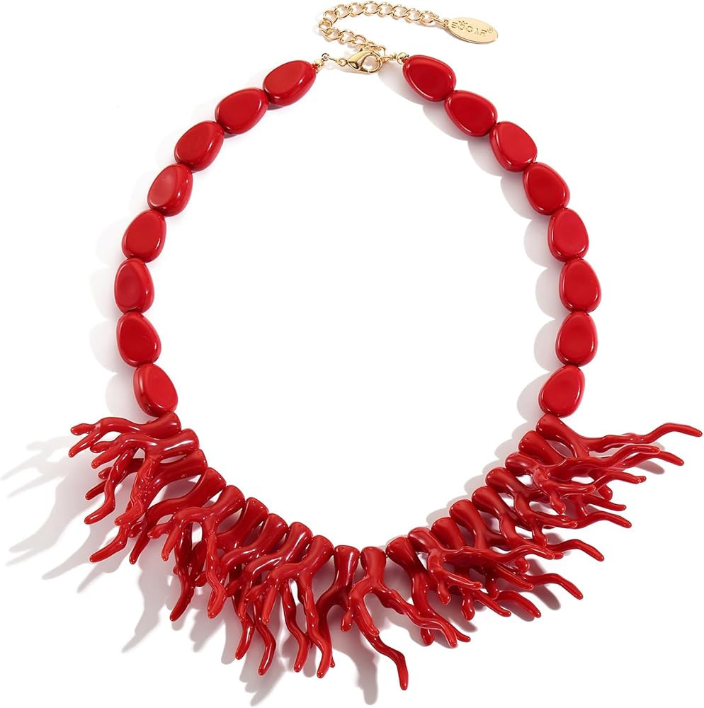 Bocar Chunky Statement Resin Coral Branch Tree Necklace Collar Beaded Pendant Jewelry Gift | Amazon (US)