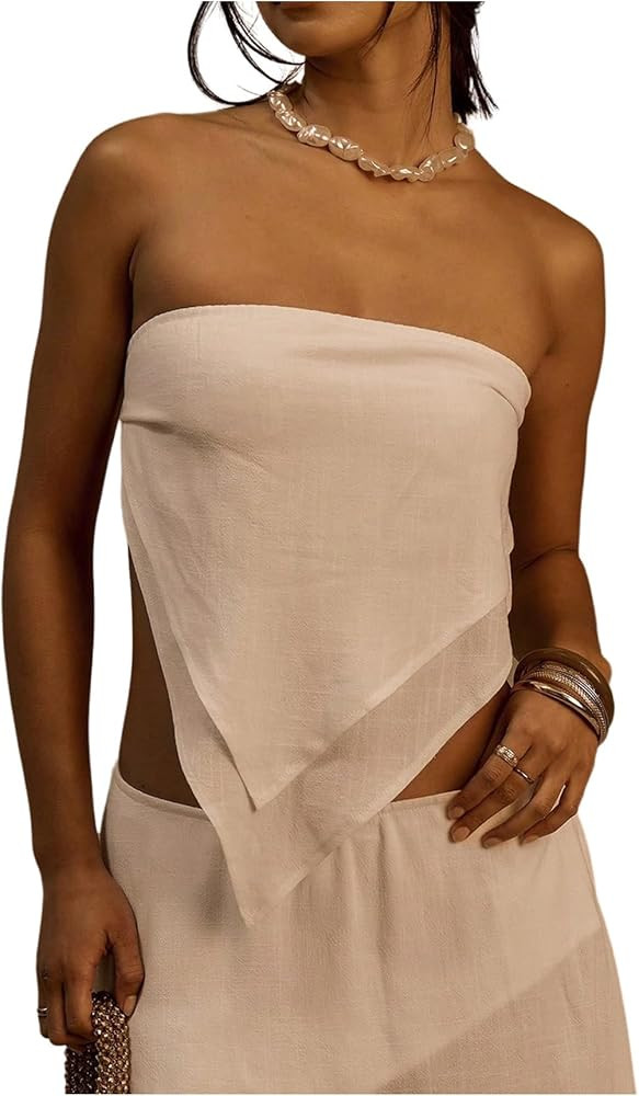 MakeMeChic Women's Linen Strapless Tube Top Backless Summer Beach Going Out Crop Tops | Amazon (US)