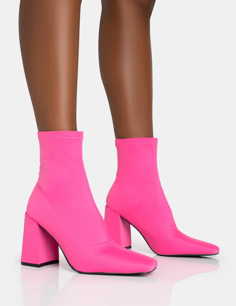 Delani Hot Pink Neoprene Rounded Pointed Block Heel Ankle Boots | Public Desire (US & CA)