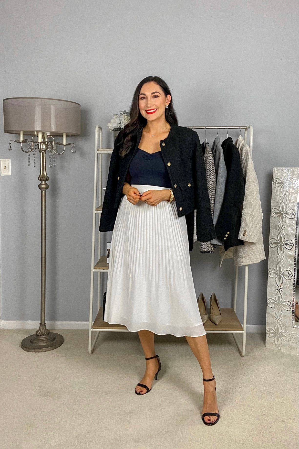 How to style a tweed jacket for date night 🖤🤍

Black tweed jacket size small, TTS
Black sweetheart neck bodysuit, linked similar 
White pleated midi skirt, linked similar
Black ankle strap heels, kinked similar

Date night outfit 
Girls night out outfit 
GNO
OOTN
Elegant outfit 
Chic outfit 
Parisian outfit 

#LTKHoliday #LTKstyletip #LTKparties