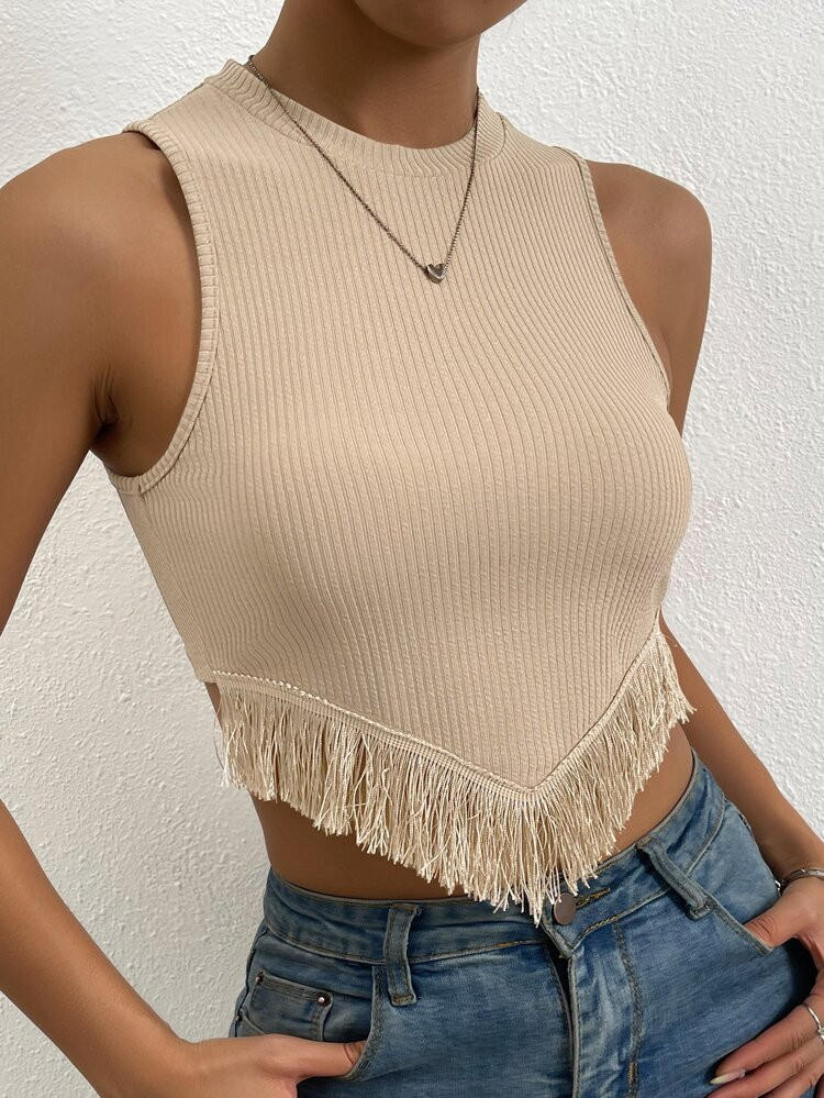 Fringe Trim Ribbed Knit Tank Top | SHEIN