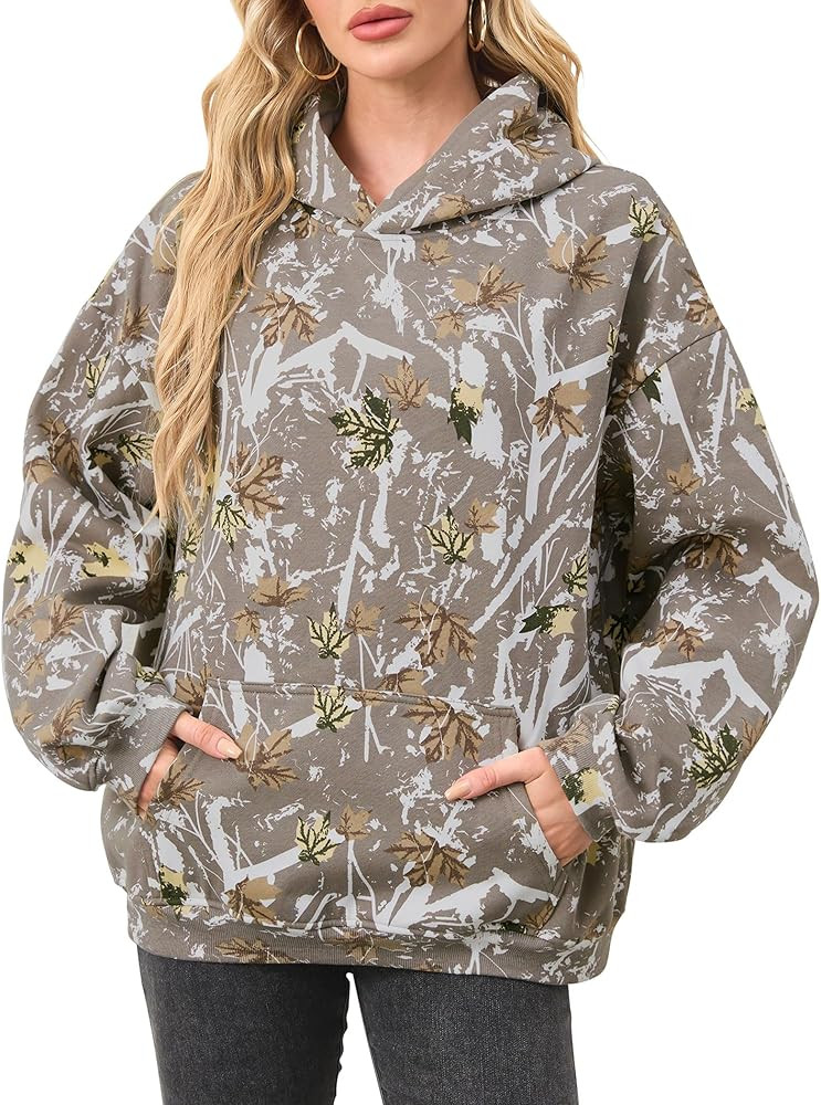 Womens Camo Hoodies Maple Leaf Print Oversized Hooded Sweatshirt Fleece Pullover Sweatshirts Long... | Amazon (US)