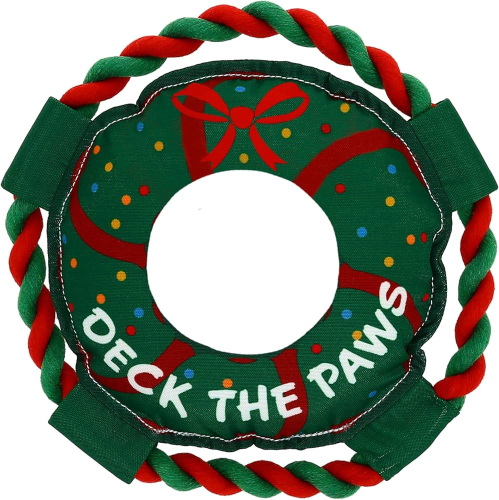 Pavilion - Deck The Paws - 10" Wreath Puppy Dog Toy with Rope Handle K-9 Furry Companion Christma... | Amazon (US)
