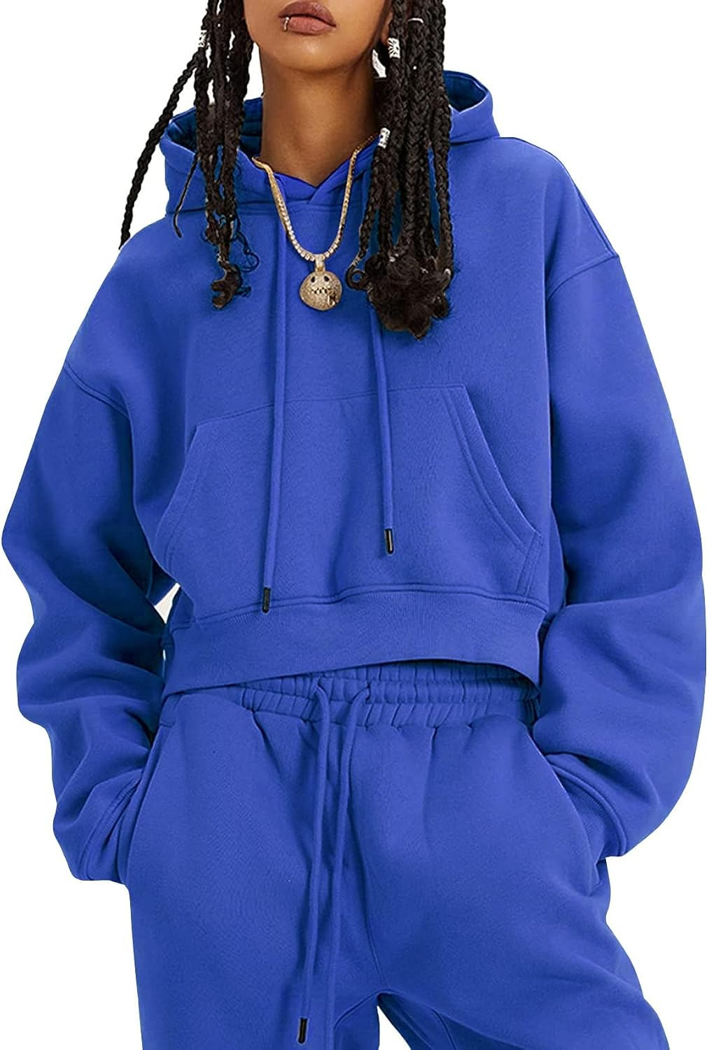 Flygo Womens Fleece 2 Piece Outfits Fall Crop Pullover Jogger Sweatsuit Set | Amazon (US)