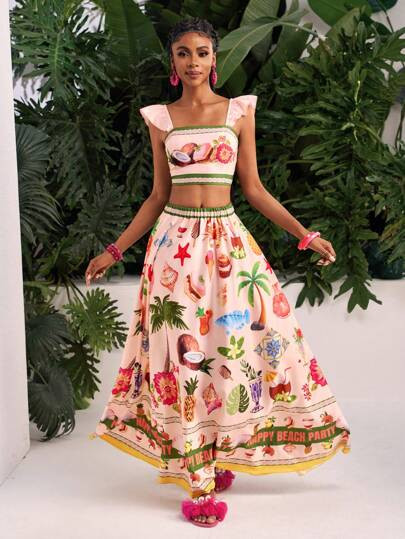 Slaydiva 2025 Summer New Arrival Music Festival, Easter, Western, Nomadic Style, St. Patrick's Day, Birthday Party, Graduation, Student Wear, Daily Casual, All-Match, Vacation, Cruise Travel, Beach, Seaside Resort, Sunbathing, Fashion, Cap Sleeve, Cropped, Flared, Fruit & Coconut Tree Resort Print Ladies 2-Piece Set | SHEIN