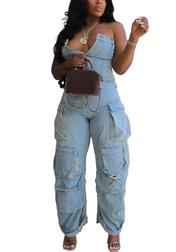 LKOUS Casual Cargo Denim Jumpsuit for Women, Elastic Stretch Multi Pockets Button Down Straight Leg Jeans Jumpsuits | Amazon (US)