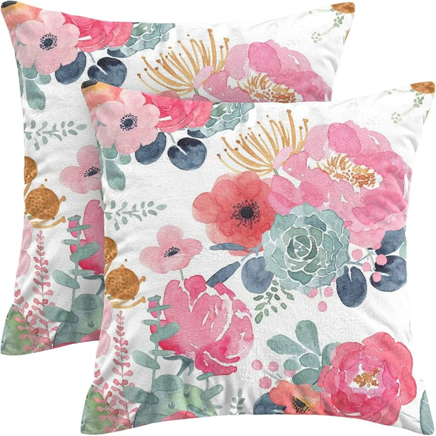CXMEIFLY Spring Floral Pillow Covers 16 x 16 Inch Set of 2 for Watercolor Pink Flowers Decor Thro... | Amazon (US)