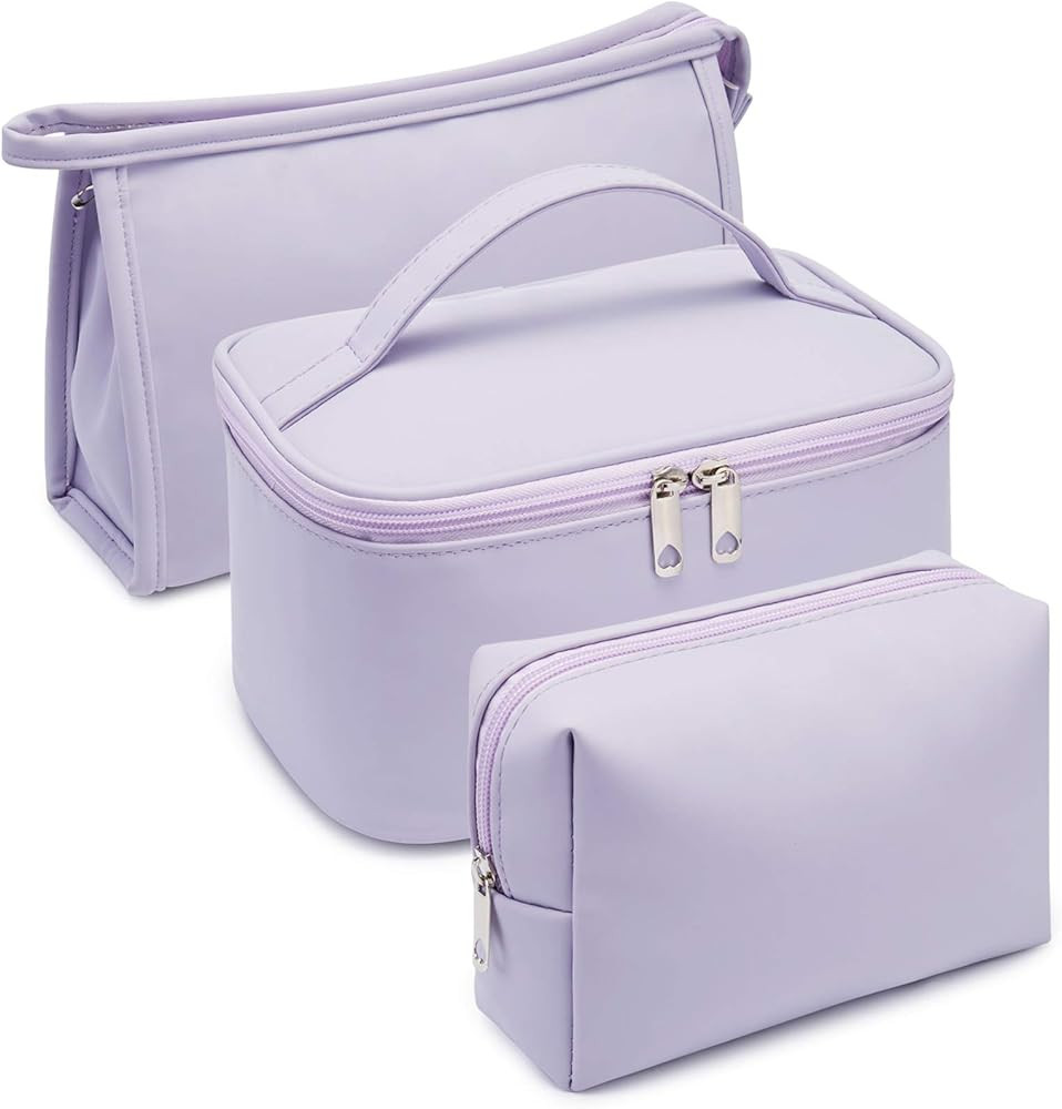 3 Pieces Makeup Bag PU Leather Cosmetic Pouch Toiletry Bag Water-Resistant (L - Leather Purple, L... | Amazon (CA)