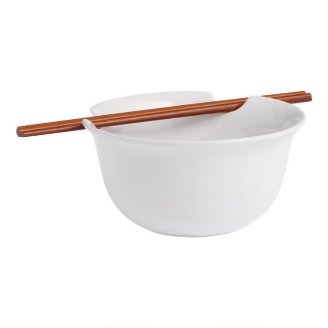 White Ceramic Noodle Bowl and Bamboo Chopsticks Set | World Market