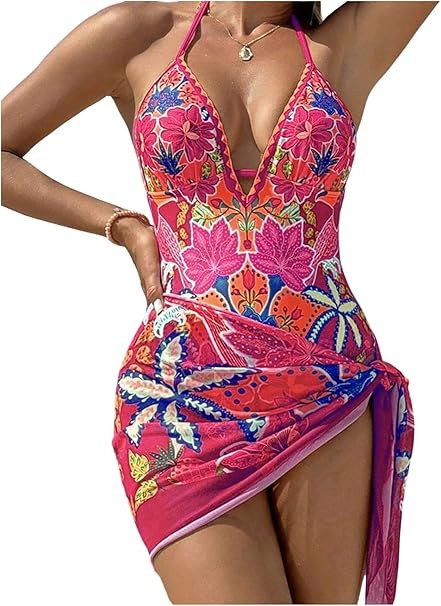 RoseSeek Women's Floral One Piece Swimsuits Tummy Control Halter V Neck Slimming Bathing Suits wi... | Amazon (US)
