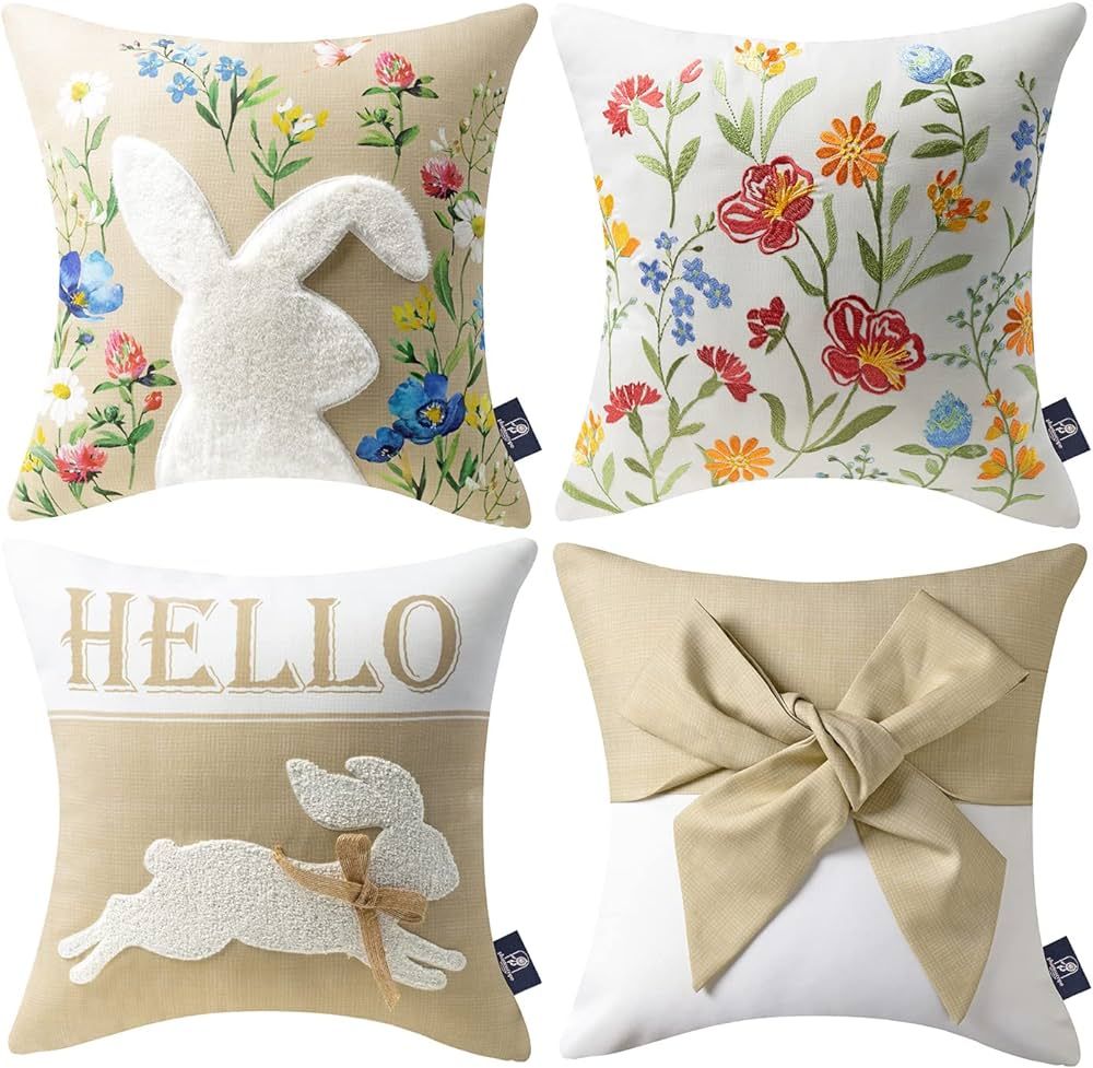 Phantoscope Pack of 4 Happy Easter Throw Pillow Case Spring Bunny Rabbits and Flowers Cushion Cov... | Amazon (US)