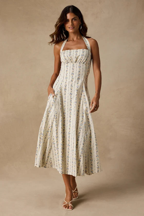 Serenity Cream Multi Floral Halter Midi Dress | Lulus