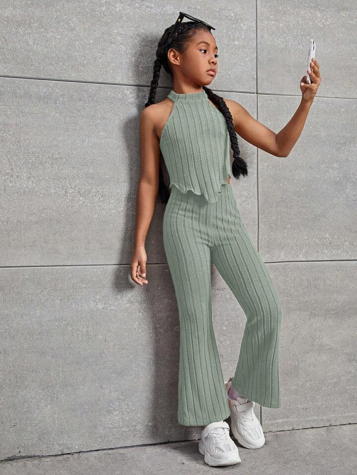 SHEIN Kids Cooltwn Tween Girl Lettuce Trim Halter Top & Flare Leg Pants | SHEIN