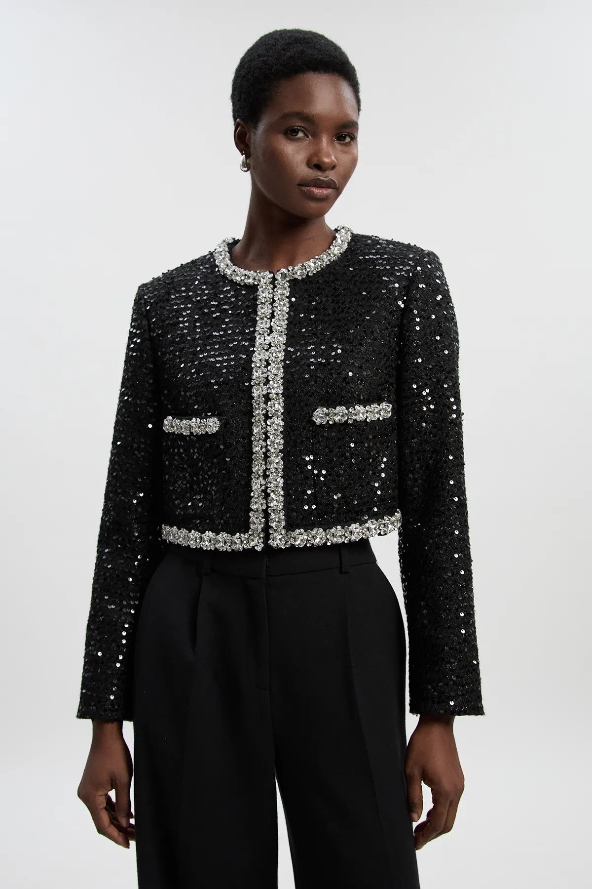 Sequin Tweed Embellished Cropped Tailored Jacket | Karen Millen UK + IE + DE + NL