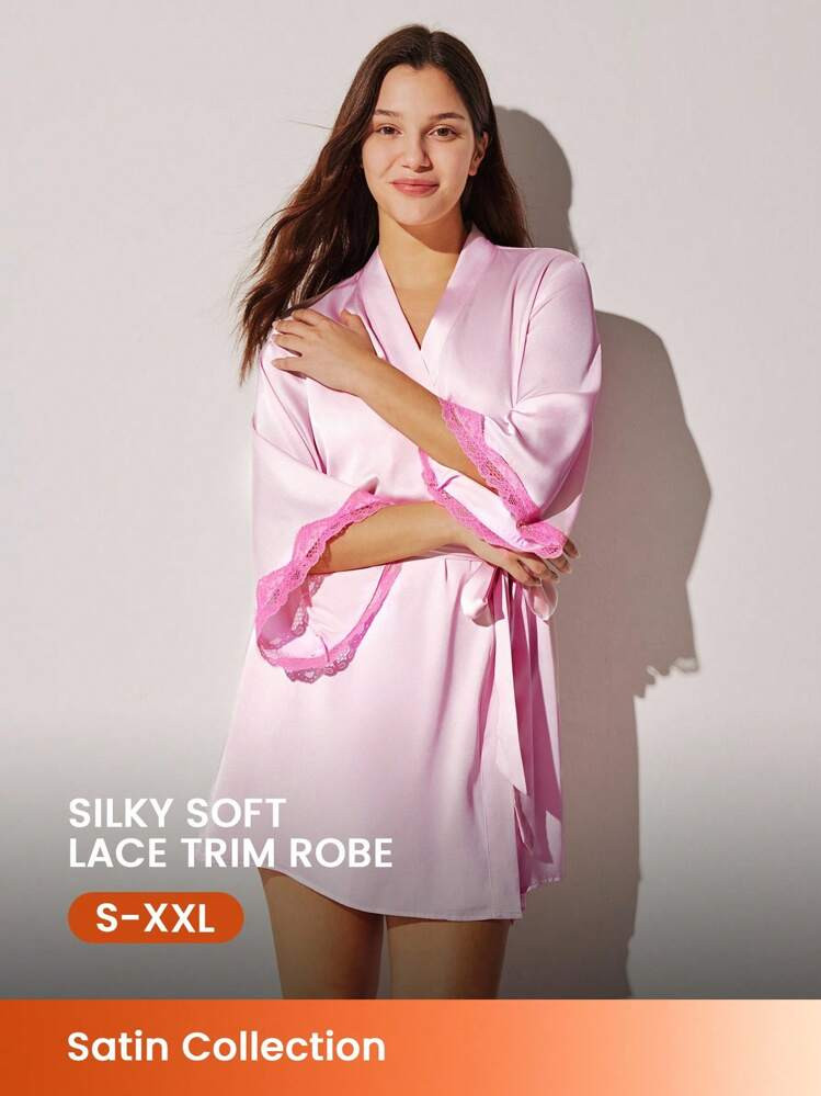 Vestaglia Da Donna In Raso Di Seta Con Pizzo Di Lusso, Con Lacci Davanti, Abbigliamento Da Camera Leggero, Lingerie E Pigiami, Adatto Per San Valentino, Matrimoni Primaverili Ed Estivi | SHEIN