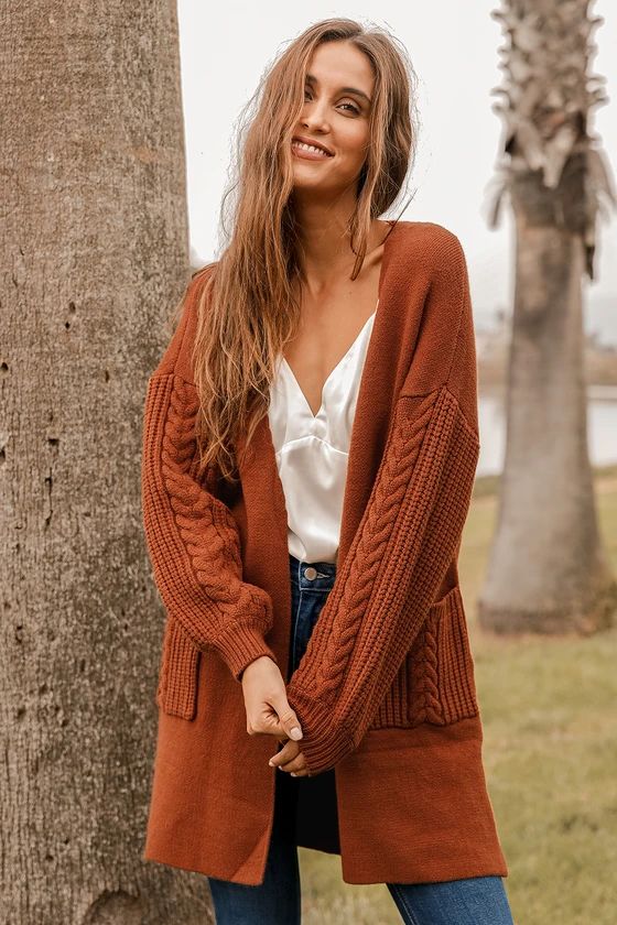 Good Pick Rust Brown Cable Knit Balloon Sleeve Cardigan Sweater | Lulus (US)