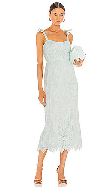 JONATHAN SIMKHAI Bonnie Silk Lace Plisse Strapless Bustier Midi Dress in Tide from Revolve.com | Revolve Clothing (Global)