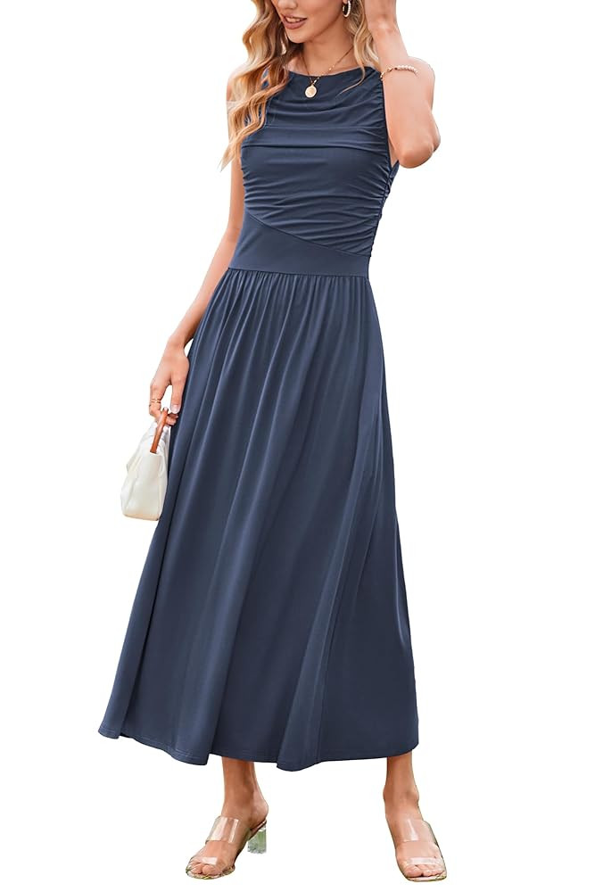 Newshows Women 2025 Summer Maxi Dresses Vacation Ruched Boat Neck Tank Flowy Elegant Party Long F... | Amazon (US)