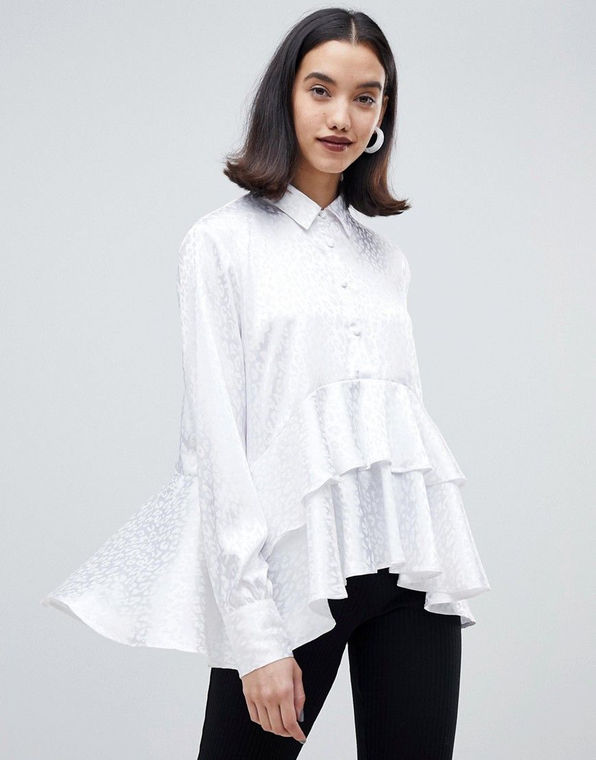 Lost Ink shirt with ruffle layer in tonal leopard print - White | ASOS US
