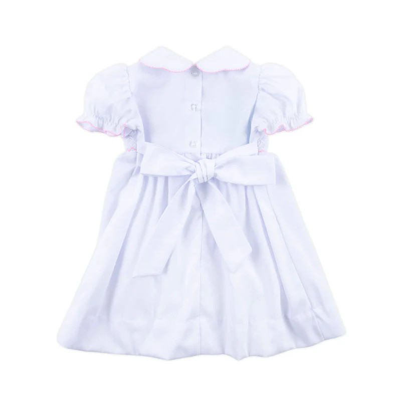 Pink Cross Smocked White Pique Collared Dress | Classic Whimsy