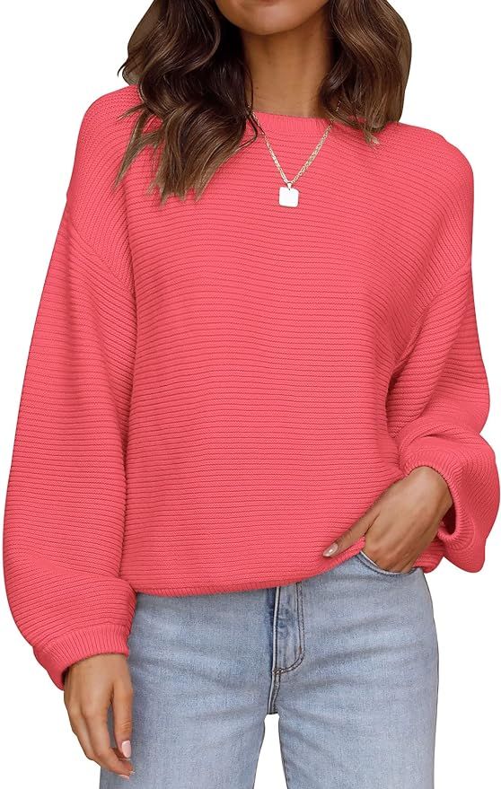 ZESICA Women's 2023 Crew Neck Long Lantern Sleeve Casual Loose Ribbed Knit Solid Soft Pullover Sw... | Amazon (US)