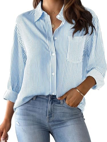 Women's Striped Button-Down Shirt Long-Sleeved Casual Collared Office Shirt | Amazon (US)