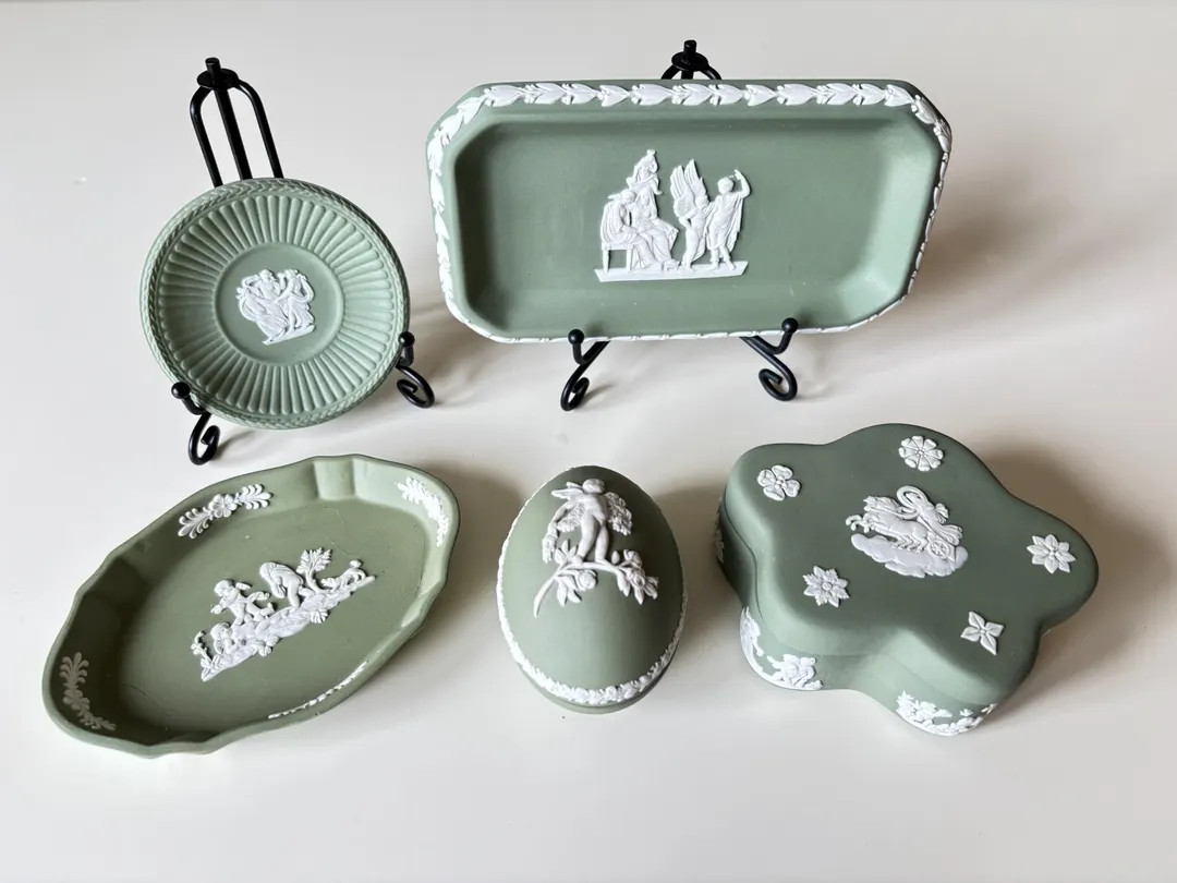 Rare Vintage Wedgwood Sage Green Jasperware, Rare Bull Plate, Small Pin Dish, Angel Cherub Trinke... | Etsy (US)