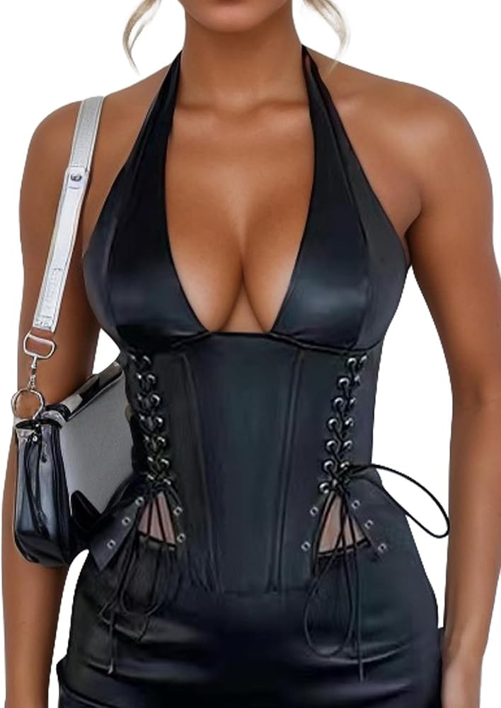 FEOYA Women's Sexy Halter Neck PU Leather Bustier Top Adjustable Backless Crop Vest with Tie Stra... | Amazon (US)