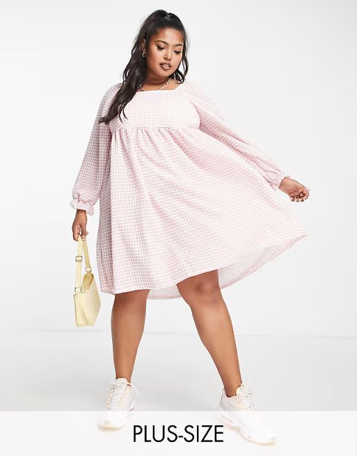 Yours square neck midi dress with puff sleeves in pink gingham | ASOS (Global)